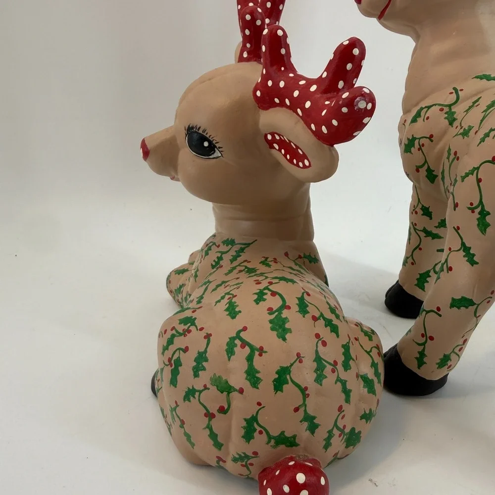 Vintage Kimple Ceramic Molds Christmas Quilted Reindeer Set Figurines Polka Dots
